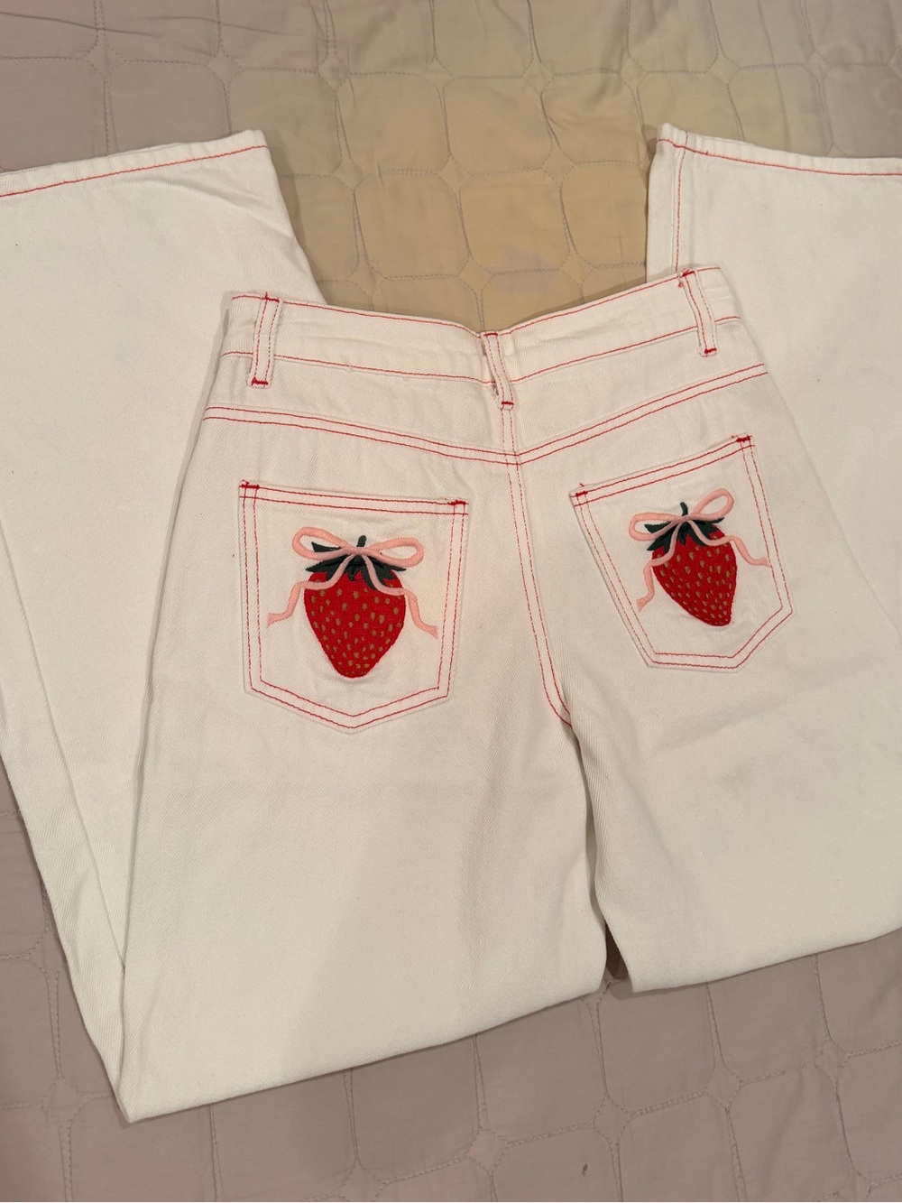 Edikted White Wide-Leg Jeans with Red Strawberry Pocket Embroidery